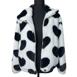 Faux Fur Heart Print Jacket Women S Black White Zip Up Y2K Coquette Plush Coat
